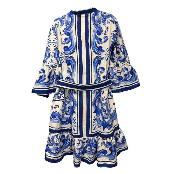 FARM Rio Garden Tiles Bell Sleeve Mini Dress Blue White Sz Large New - Picture 11 of 11